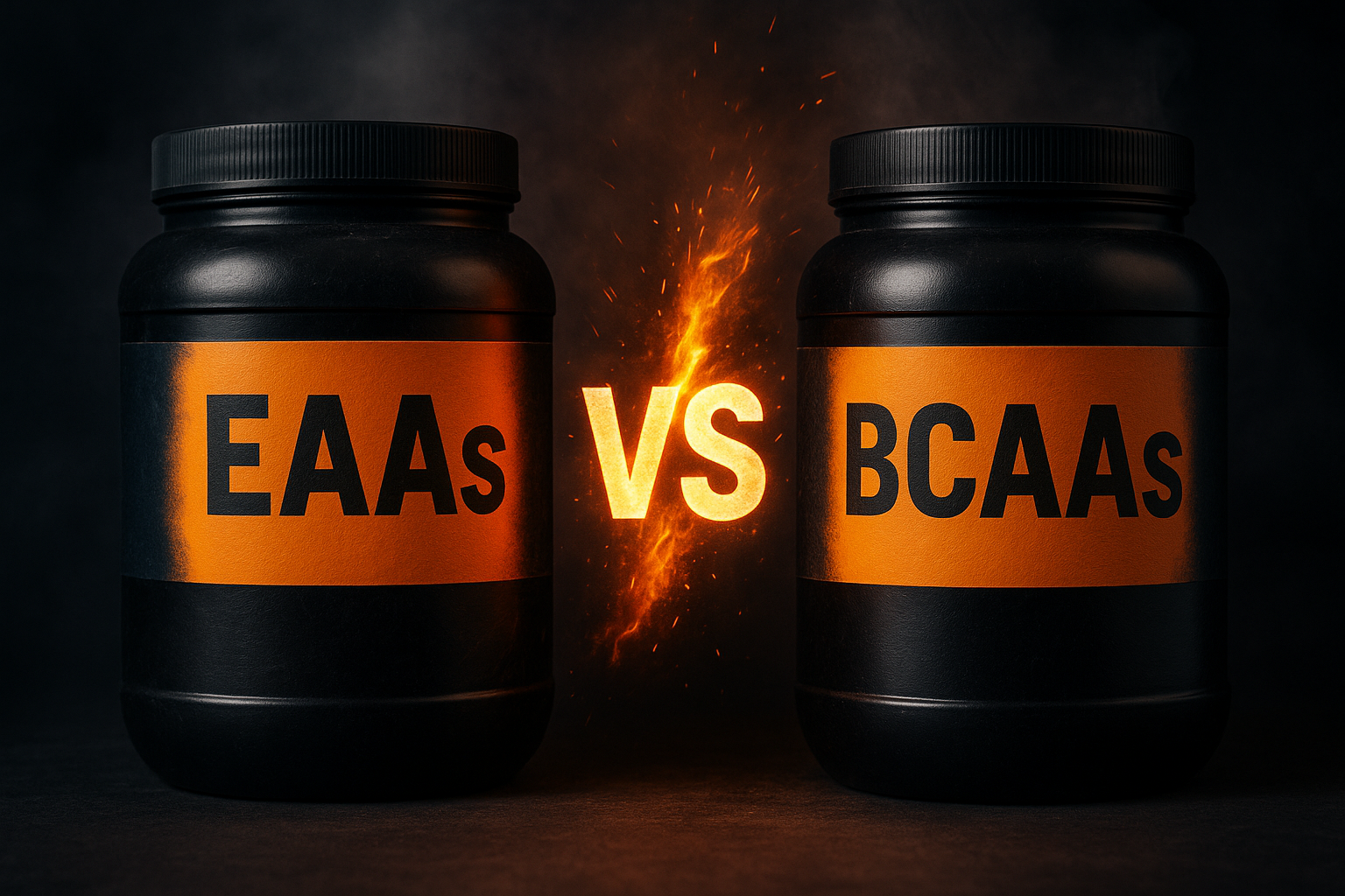 Two black supplement tubs labelled EAAs and BCAAs facing each other with a spark of flame between them on a dark background