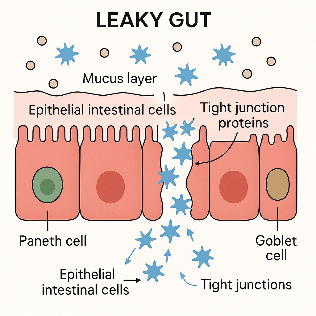 Labelled diagram of a leaky gut showing epithelial intestinal cells, the mucus layer, tight junction proteins, and Paneth and goblet cells
