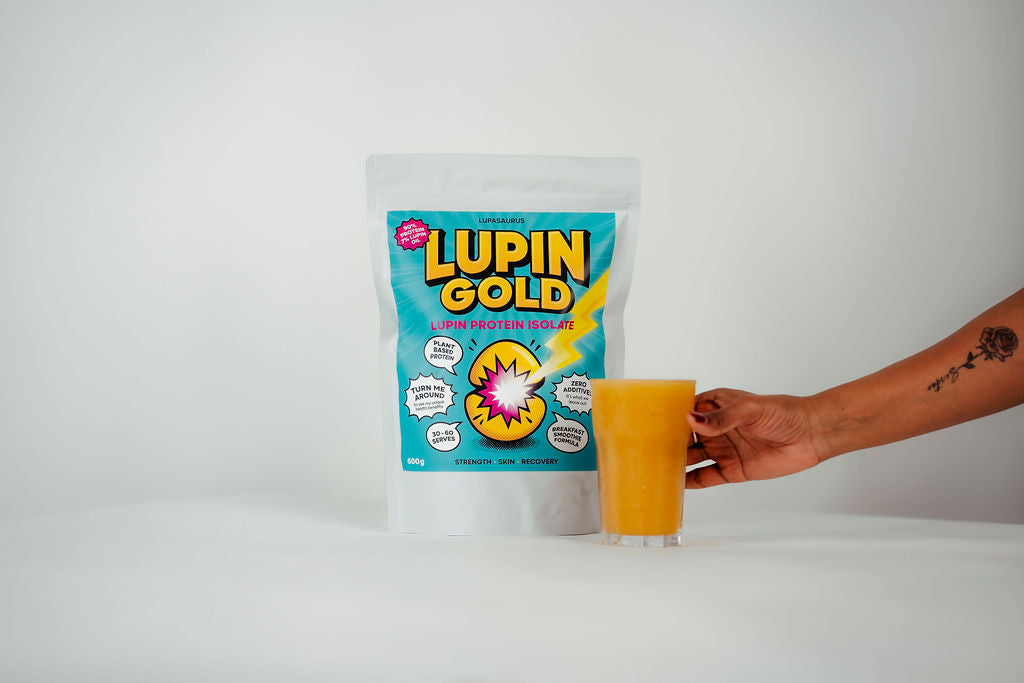 Lupin Gold plant-based protein packet with a mango and lupin protein smoothie