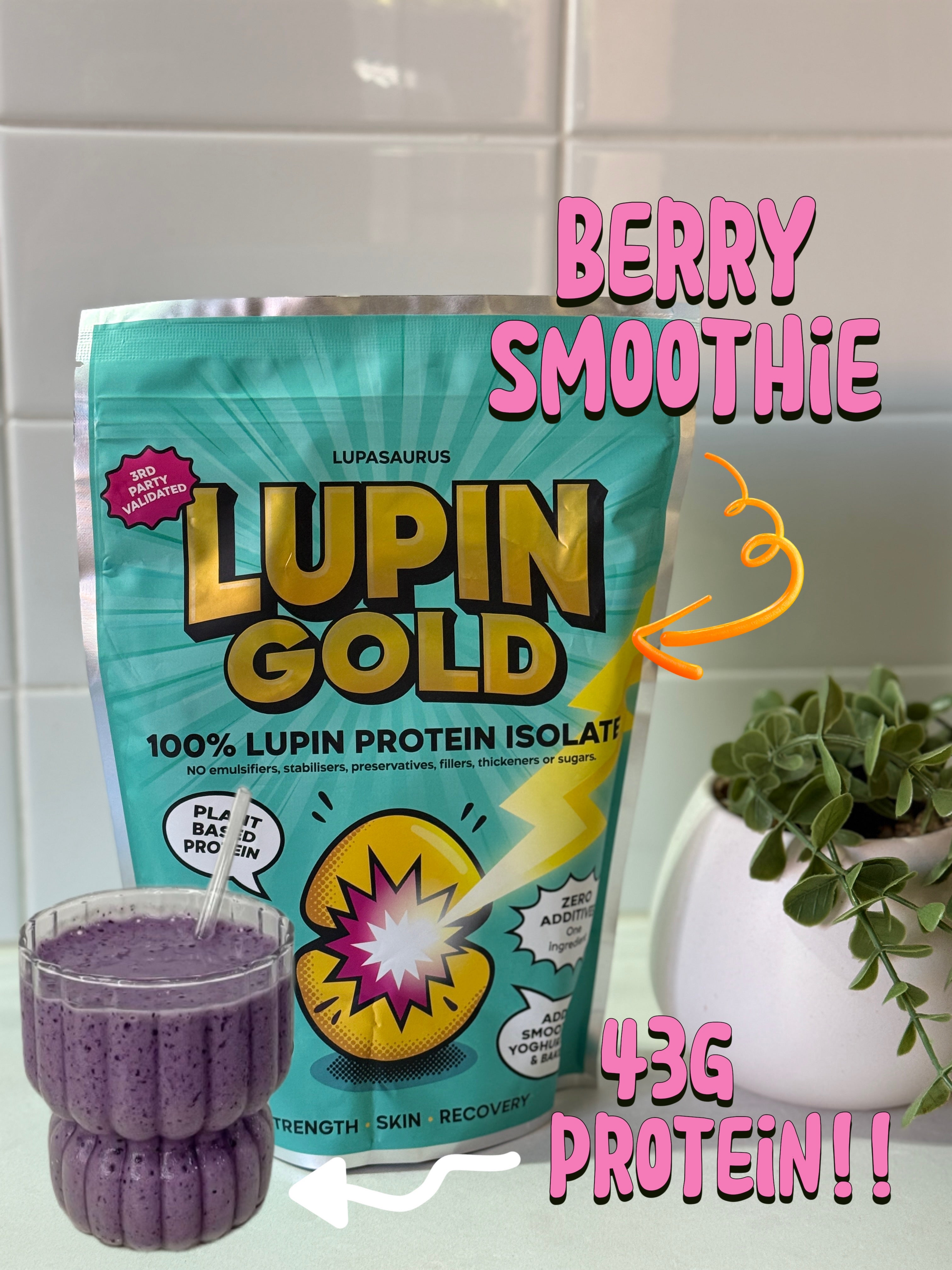 Lupin Gold pack beside a purple berry protein smoothie in a glass, with handwritten overlay text reading Berry Smoothie and 43g protein