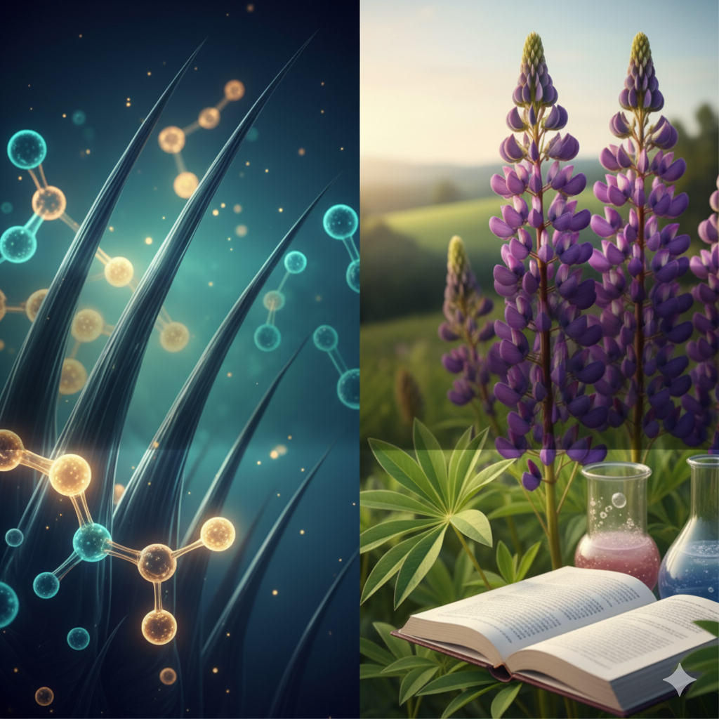 Three-panel illustration of molecules over strands of hair, purple lupin flowers in a field, and lupin plants beside laboratory flasks and an open book