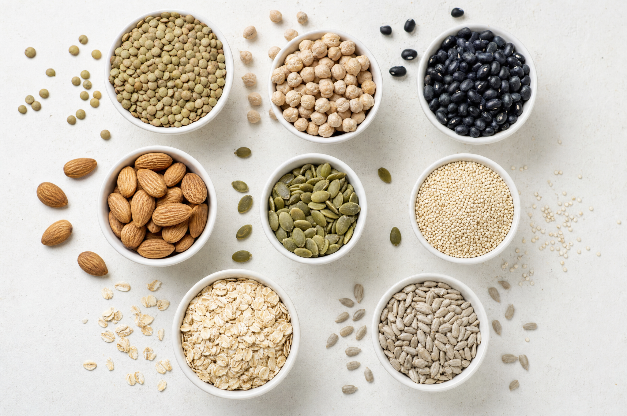 White bowls of green lentils, chickpeas, black beans, almonds, pumpkin seeds, quinoa, rolled oats and sunflower seeds on a light surface