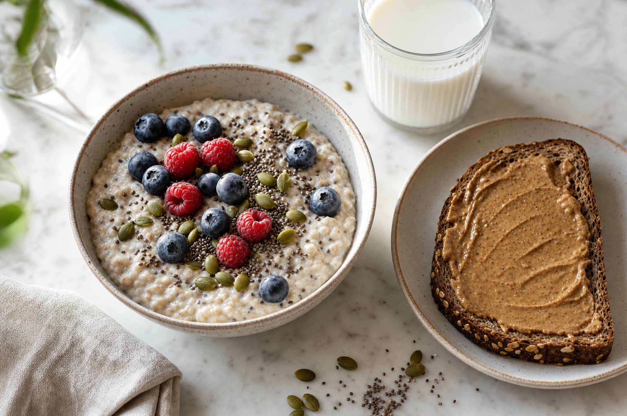 Bowl of oats topped with blueberries, raspberries, pumpkin seeds and chia, with a glass of milk and wholegrain toast with almond butter