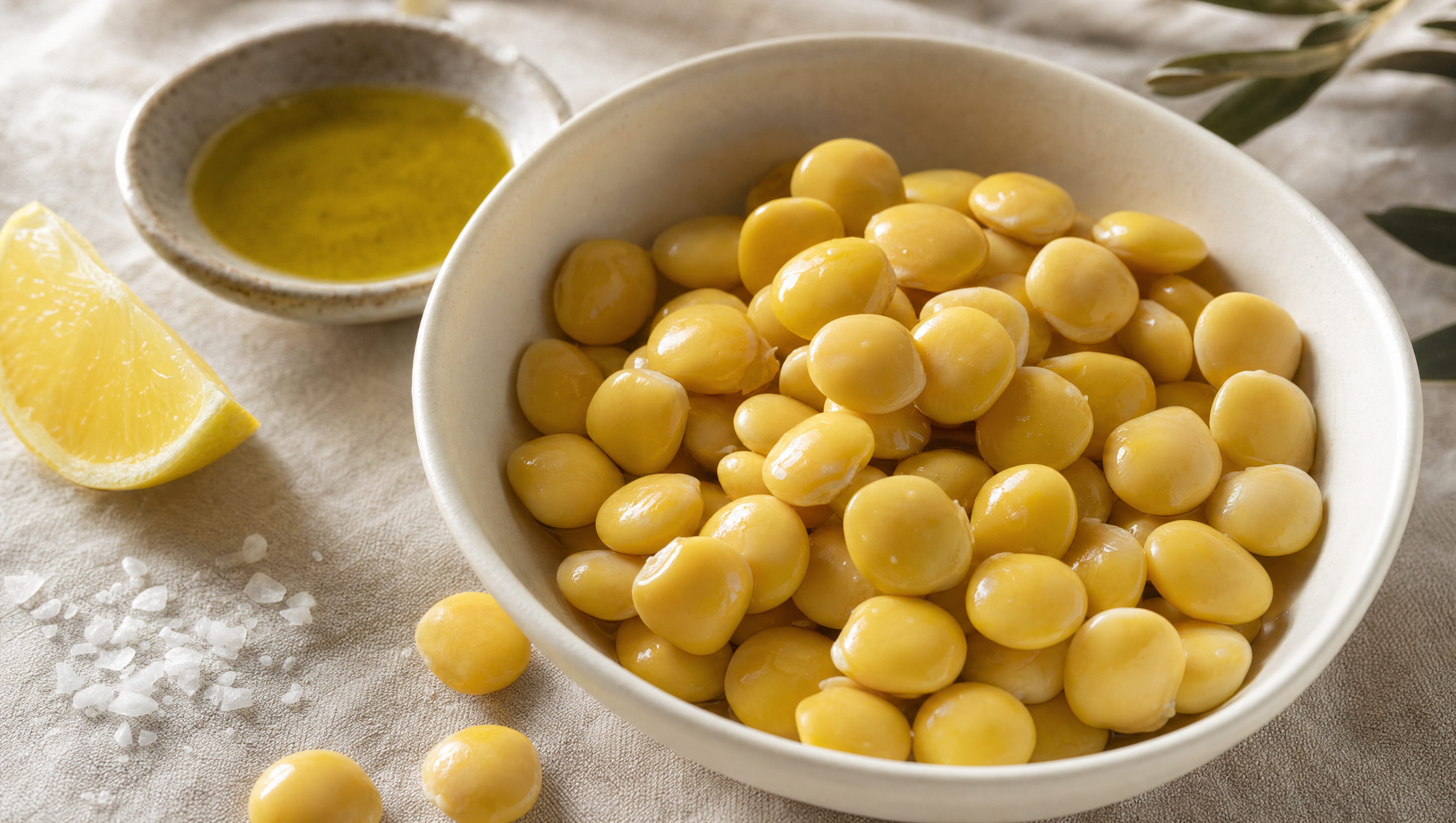 A white ceramic bowl of prepared lupini beans, flat pale yellow beans glossy from brine, with olive oil, lemon and sea salt alongside