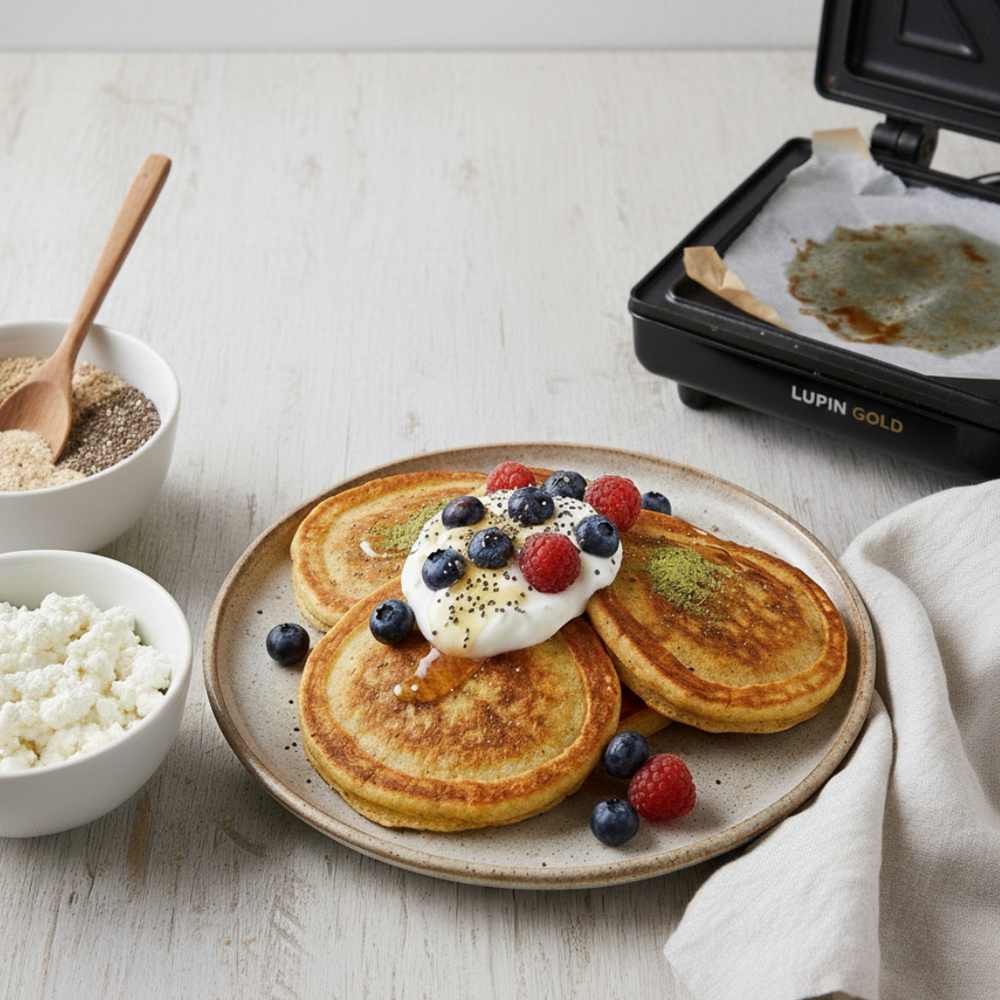 Stack of lupin protein pancakes topped with yoghurt, blueberries, raspberries and matcha, beside bowls of cottage cheese and seeds and a Lupin Gold pancake maker