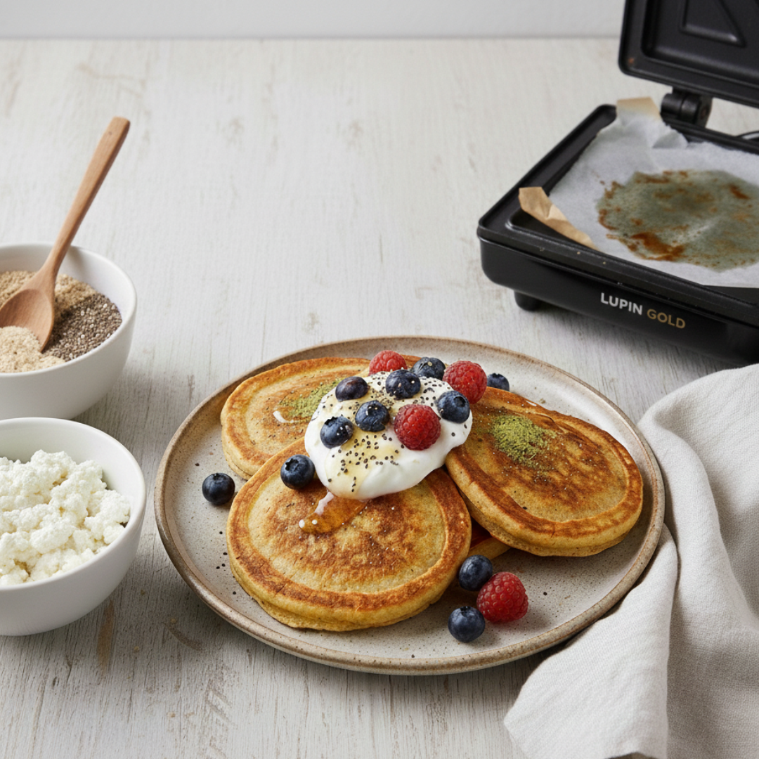 Stack of lupin protein pancakes topped with yoghurt, blueberries, raspberries and matcha, beside bowls of cottage cheese and seeds and a Lupin Gold pancake maker