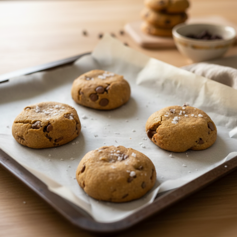 Four chocolate chip protein cookies topped with salt flakes on a lined baking tray, with more cookies and a bowl of chocolate chips behind