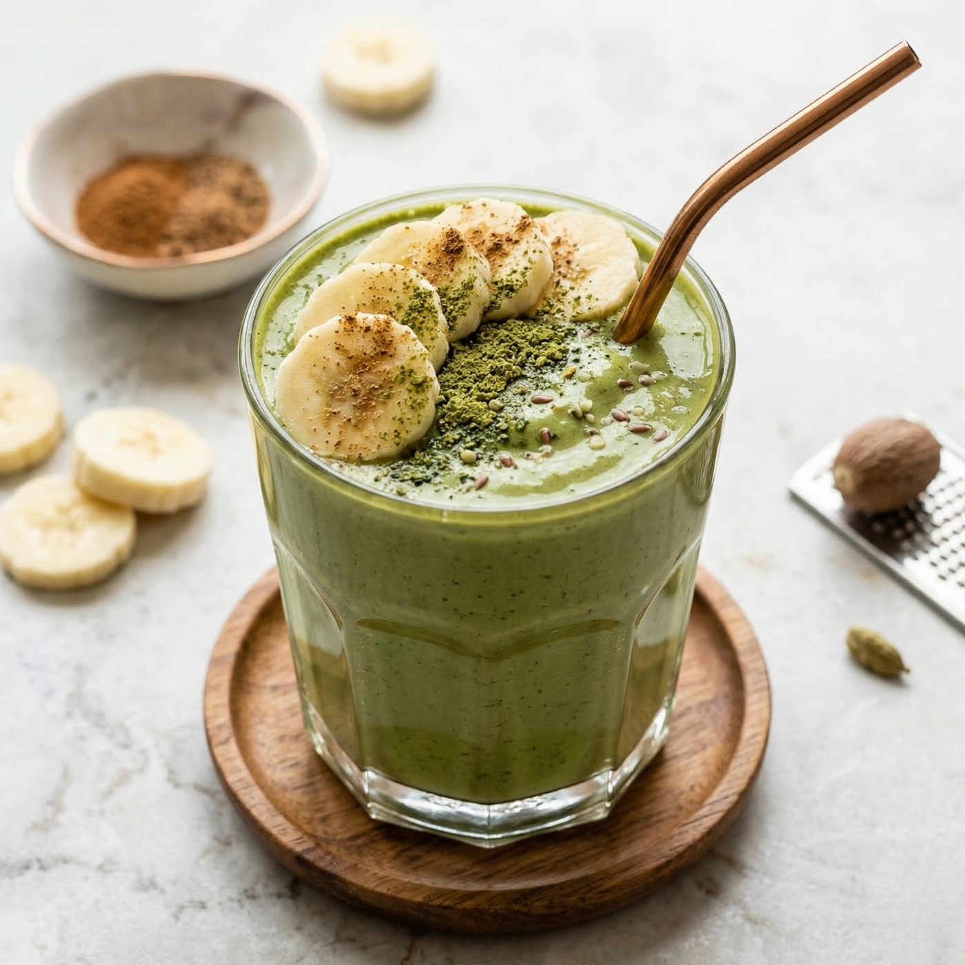 Green matcha protein smoothie in a glass topped with banana slices, matcha and cinnamon, with a copper straw on a wooden coaster
