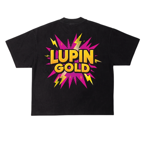 Back of the black Lupin Gold Retro Pump Tee with a pink and yellow starburst Lupin Gold logo