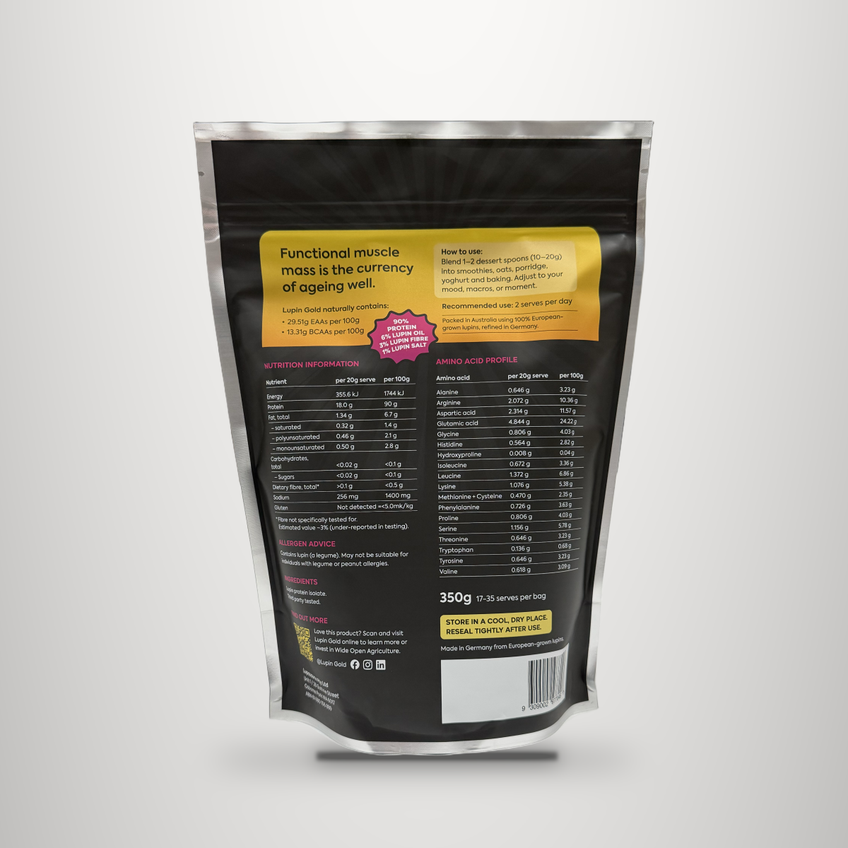 Lupin Gold 350g pack, back, nutrition and amino acid panel
