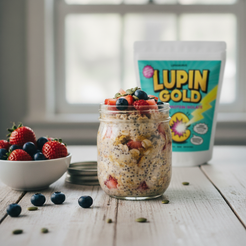 Mason jar of overnight oats topped with strawberries, blueberries and chia seeds beside a Lupin Gold pack and a bowl of berries