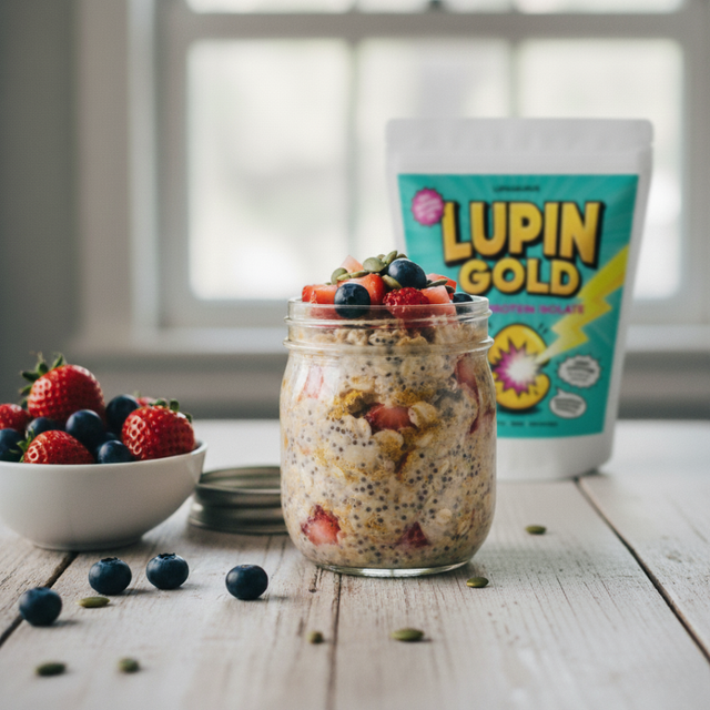 Mason jar of overnight oats topped with strawberries, blueberries and chia seeds beside a Lupin Gold pack and a bowl of berries
