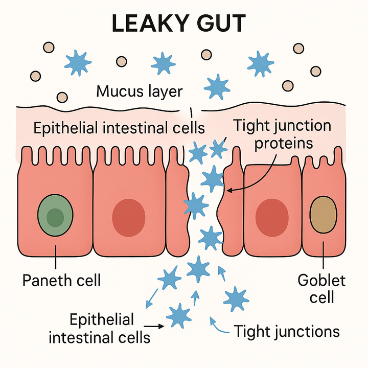 Labelled diagram of a leaky gut showing epithelial intestinal cells, the mucus layer, tight junction proteins, and Paneth and goblet cells