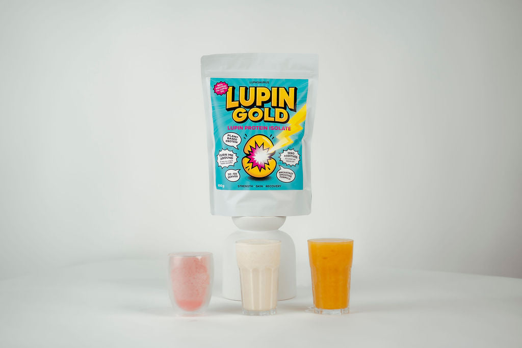 Packet of Lupin Gold protein isolate with 3 gluten free plant based protein smoothies