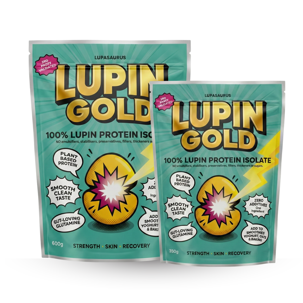 Lupin Gold 600g and 350g lupin protein isolate packs, front of pack