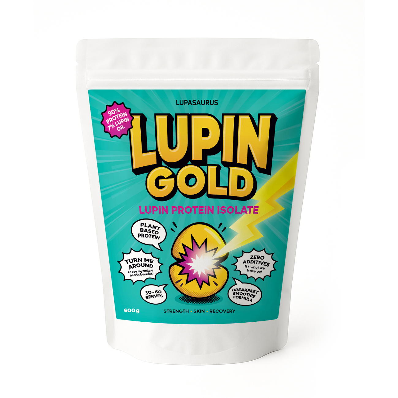 Lupin Gold lupin protein isolate packet (front view) on a white background