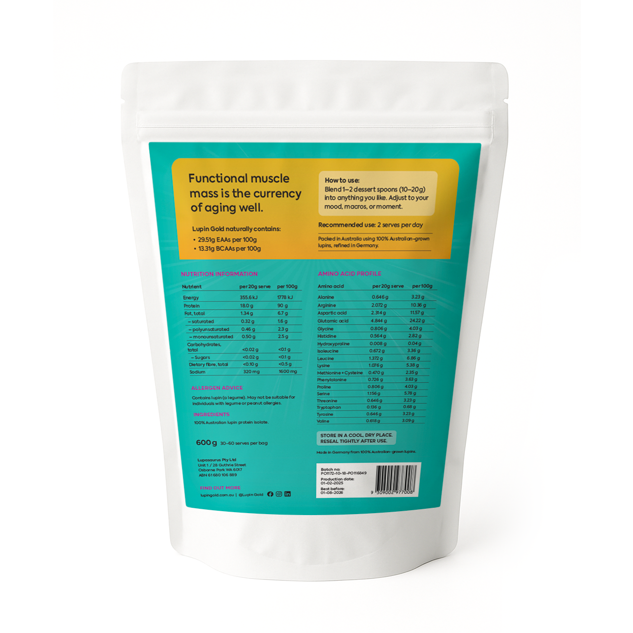 Lupin Gold lupin protein isolate packet (back view) on a white background