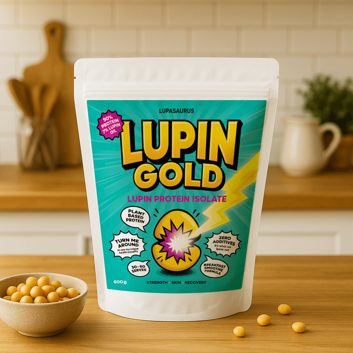 Lupin Gold lupin protein isolate package on a kitchen counter with lupin beans.