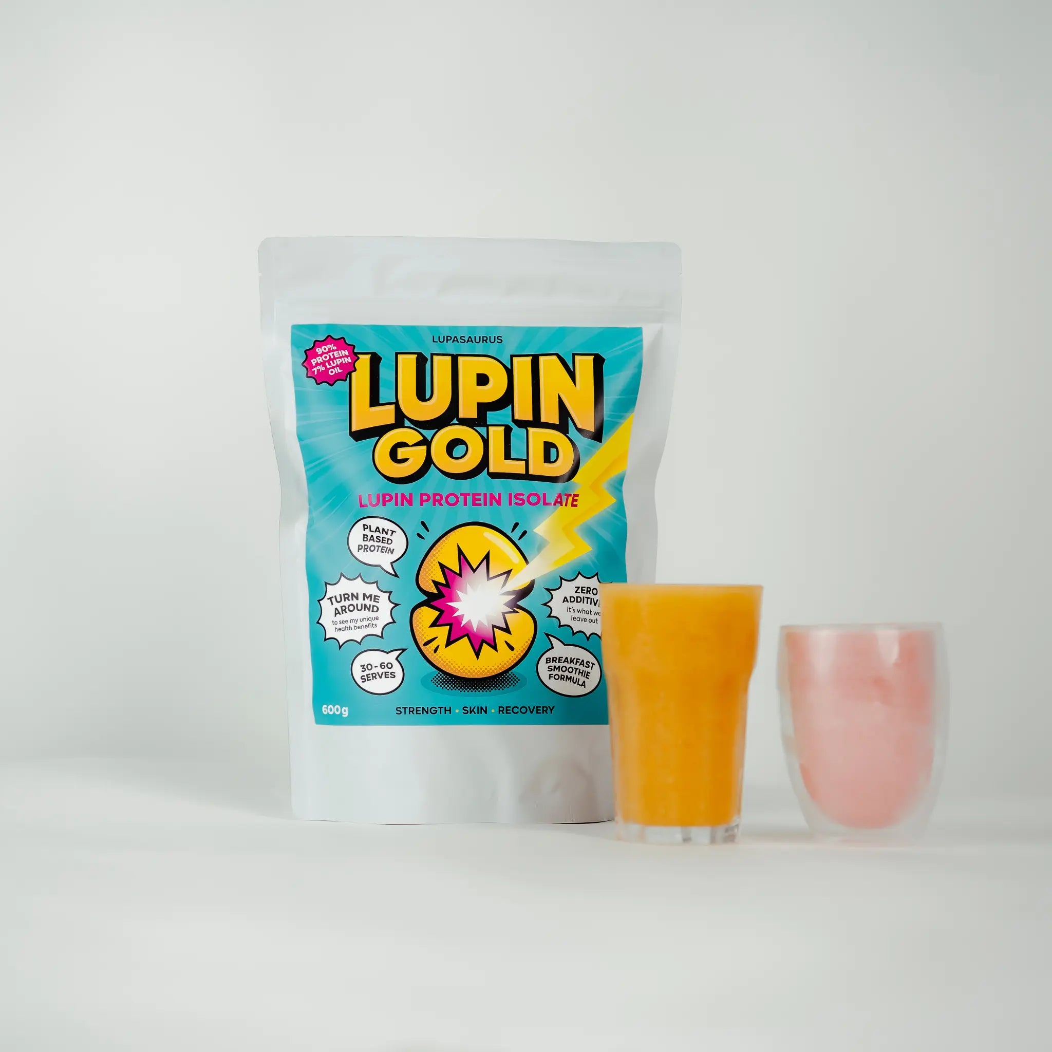 Lupin Gold protein isolate packet with a glass of mango and lupin plant protein on a white background