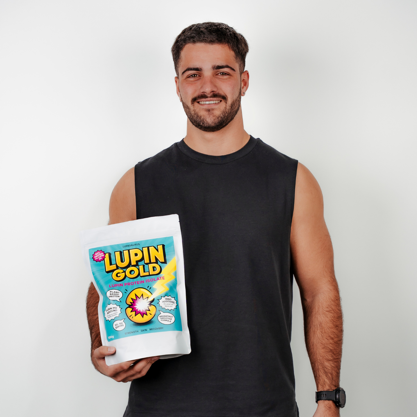Man holding a Lupin Gold plant-based protein isolate against a white background