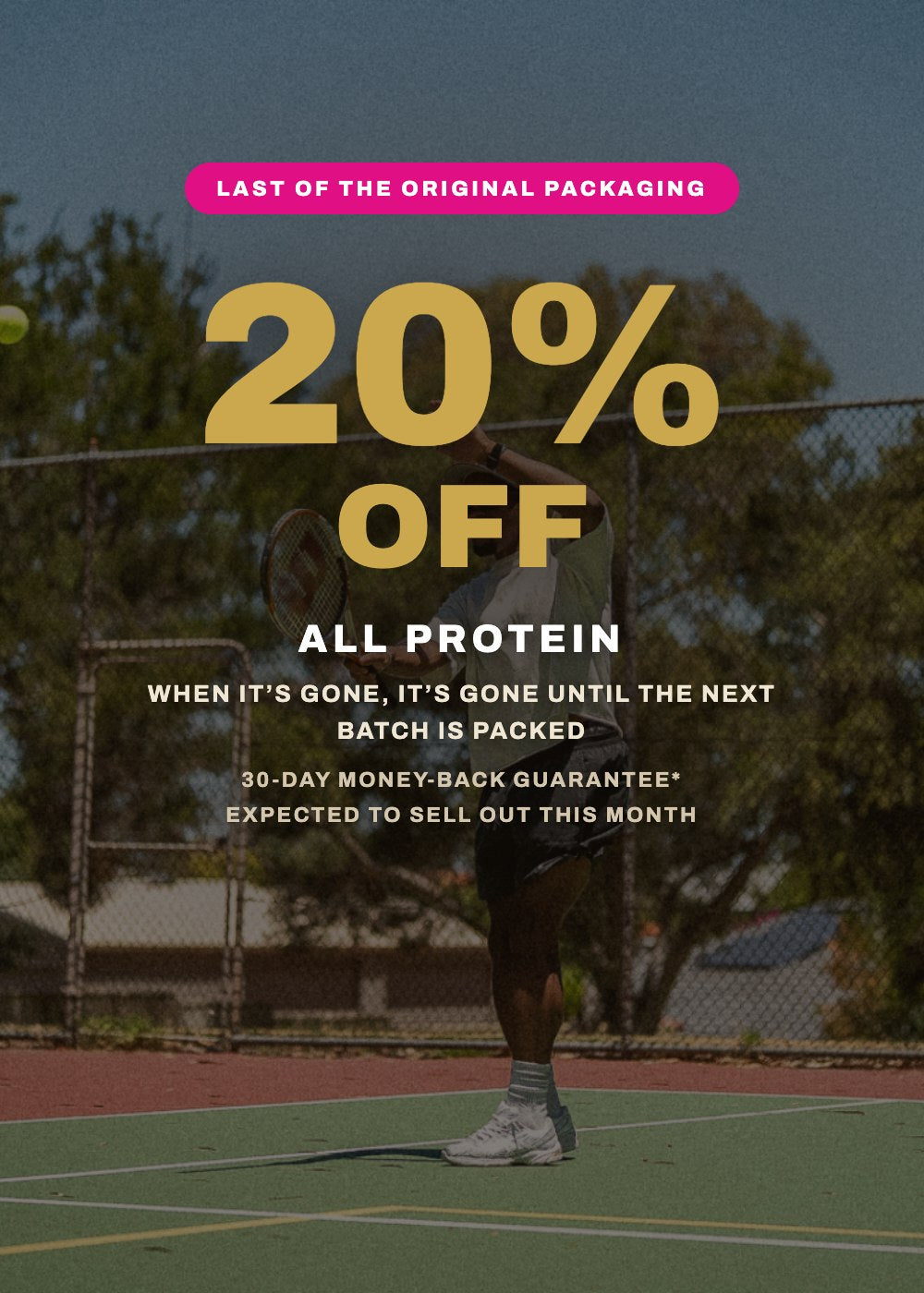20% off all Lupin Gold protein - tennis court