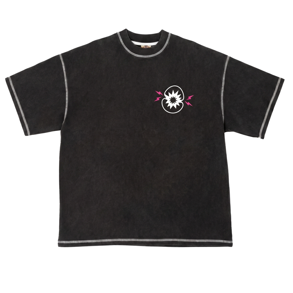 Black Lupin Gold Pump Tee with white contrast stitching, front view, small pink starburst logo on the chest