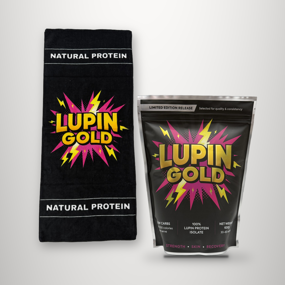 Lupin Gold 600g protein pouch with the Lupin Gold gym towel