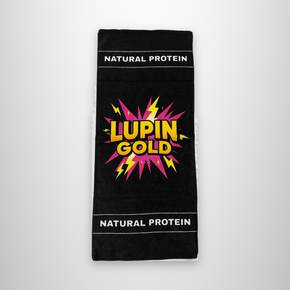 Lupin Gold Premium Gym Towel, front, black with the gold lightning burst
