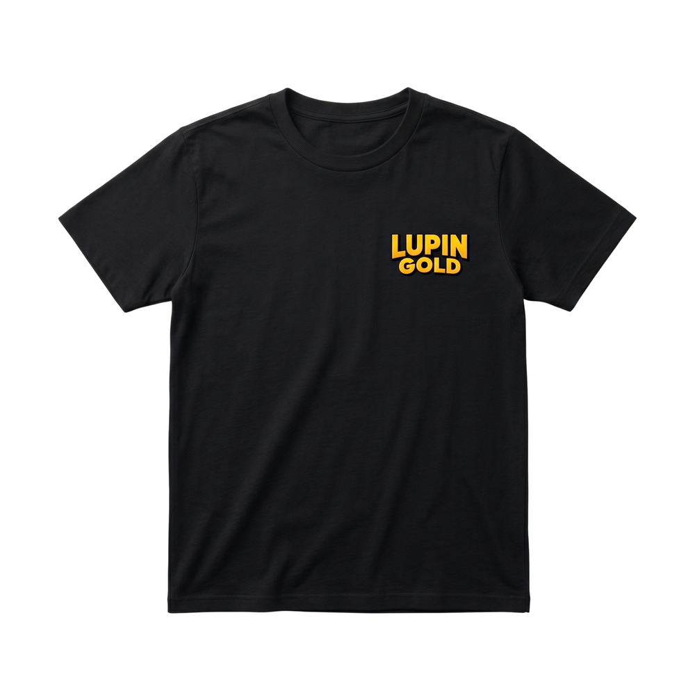 Black Lupin Gold Logo Pump Tee, front view, with a small gold Lupin Gold wordmark on the left chest