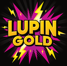 Lupin Gold logo, gold wordmark on a magenta starburst with lightning bolts