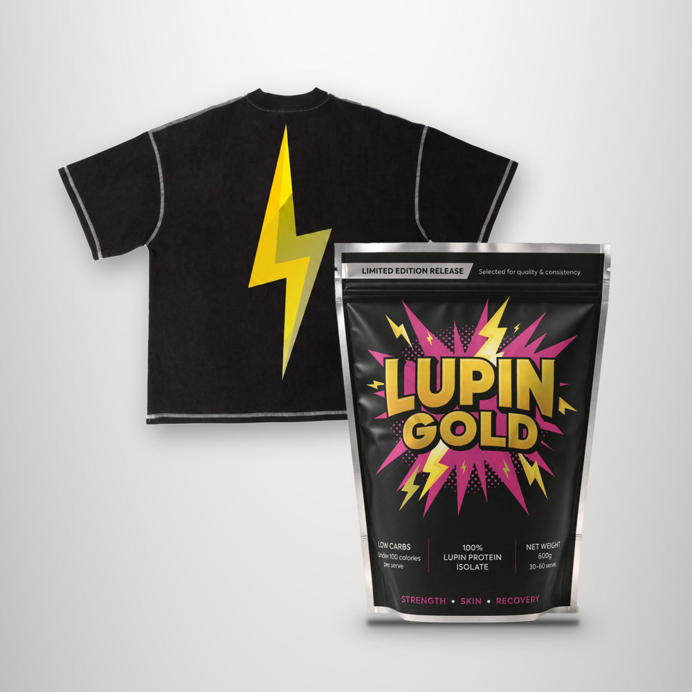 Lupin Gold 600g protein pouch with the Lightning Pump Contrast Tee