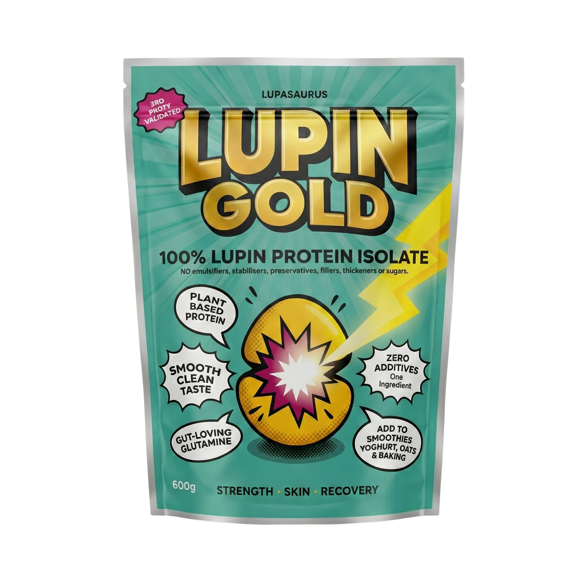 Lupin Gold 600g plant protein isolate package with green background and yellow accents