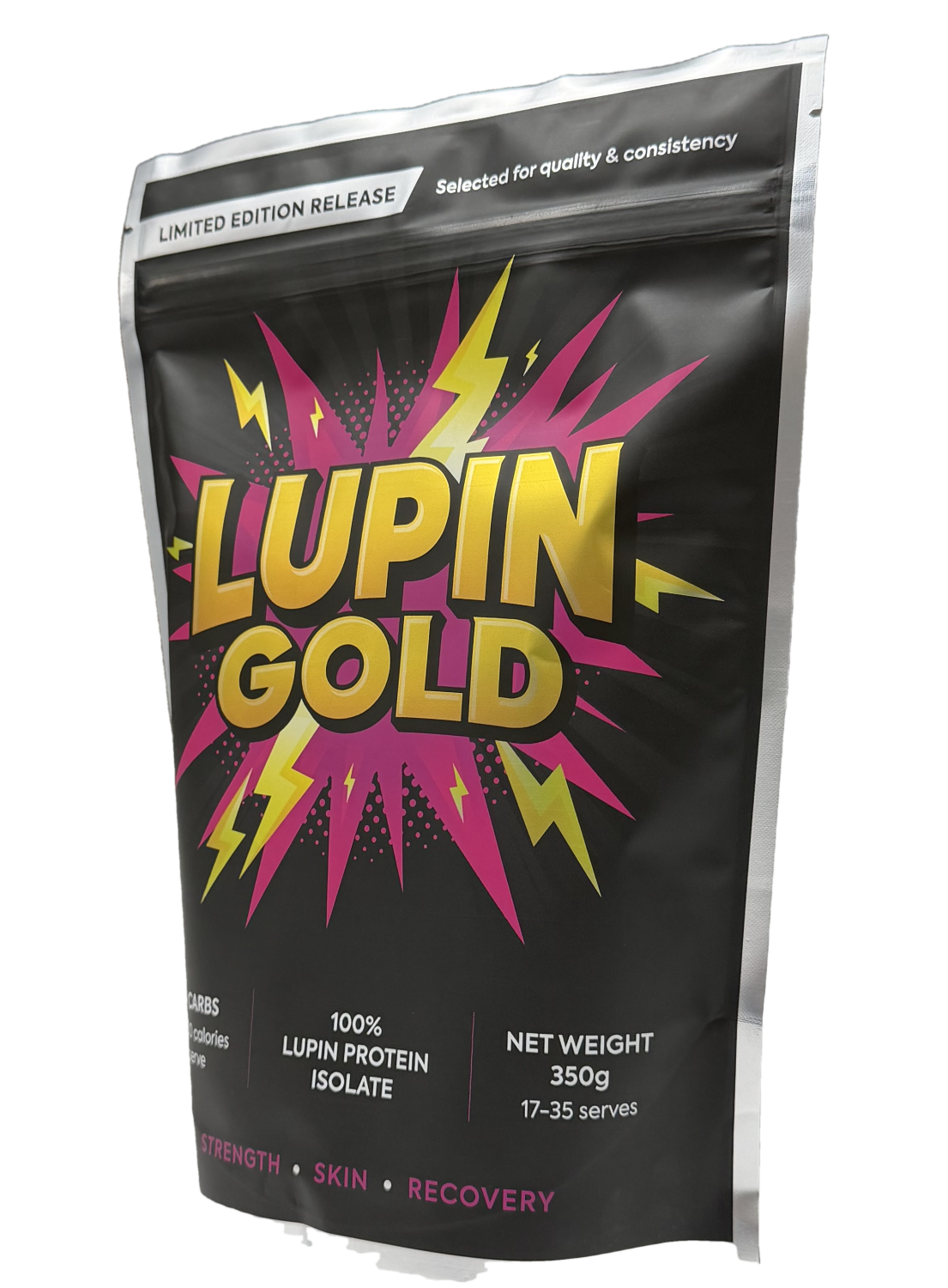 Lupin Gold 350g lupin protein isolate in the black pack