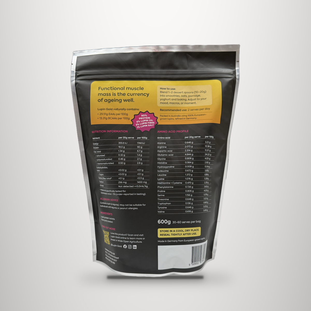 Lupin Gold 600g pack, back, nutrition and amino acid panel